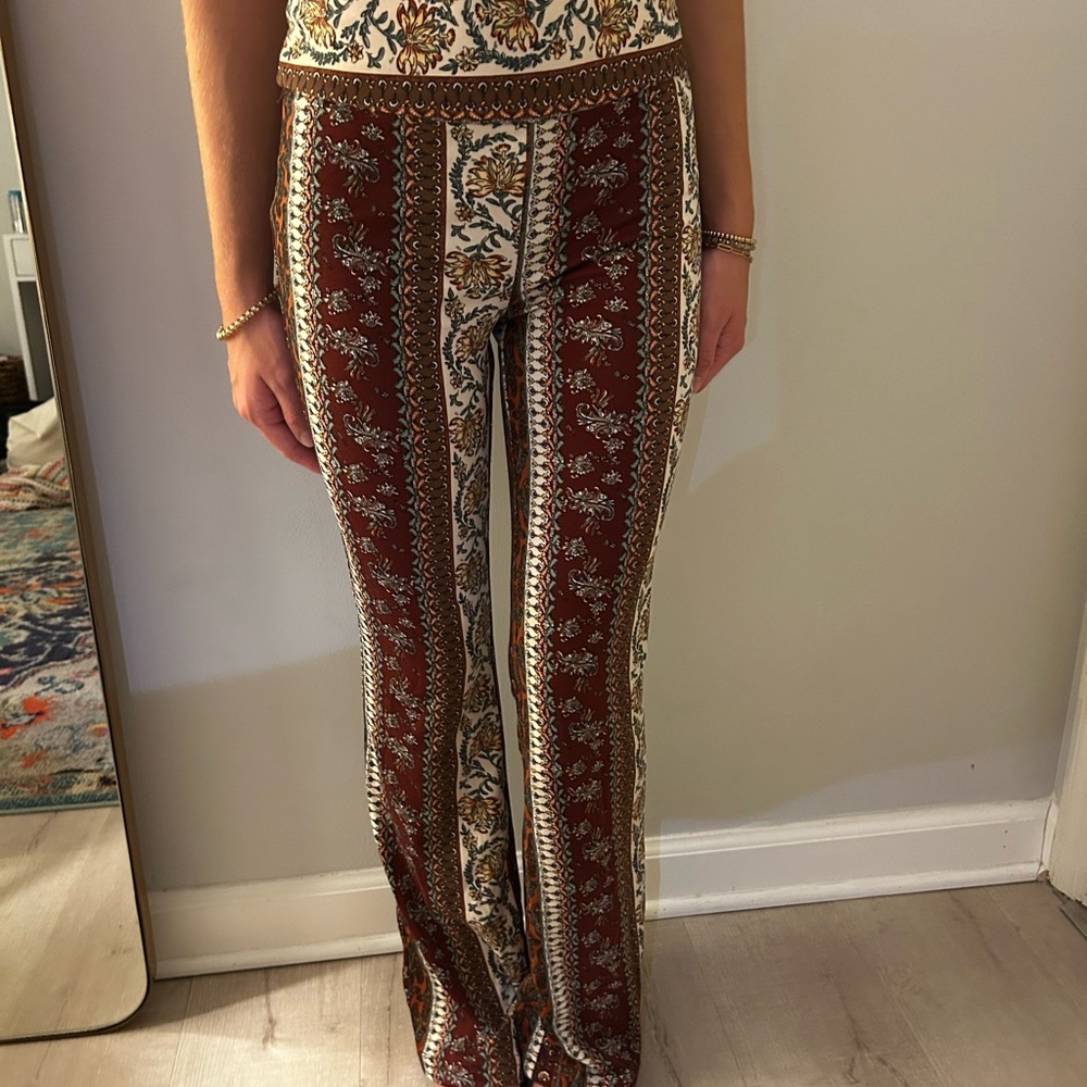 Shosho Burgundy and Cream Floral Boot Cut Pants